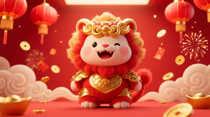 Fototapeta premium Cartoon cat in red lion dance costume