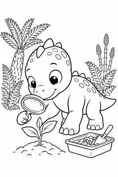 Cute cartoon baby dinosaur examining plant sprout with magnifying glass, kids educational botany activity coloring page vector
