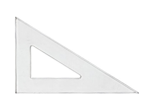 Transparent plastic set square, a common geometry tool, is isolated on a clean white background, ready for design or educational use