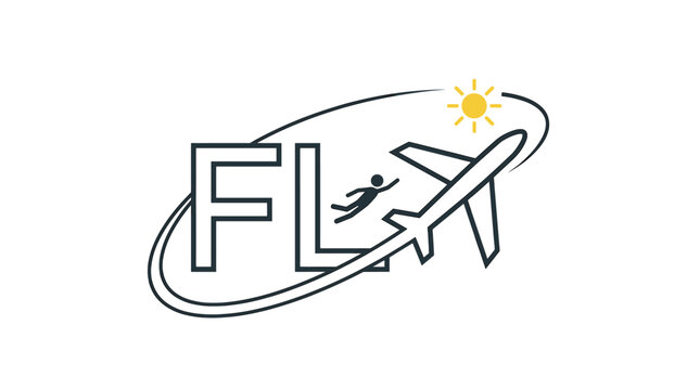 Minimalist Graphic Logo Design Featuring the Word Fly with an Airplane Silhouette a Human Figure Soaring and a Yellow Sun Icon Representing Aviation Travel and Freedom Concepts