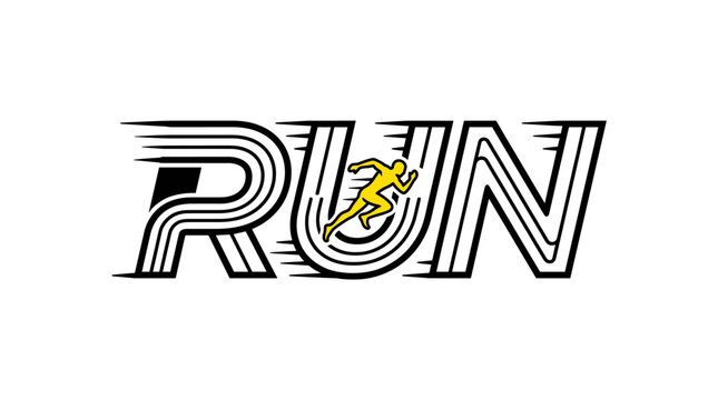 Modern Dynamic RUN Typographic Logo Graphic Featuring a Yellow Sprinter Silhouette Integrated into the Letter U with Parallel Motion Lines Representing High Speed and Athletic Performance.
