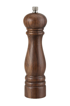 Tall, elegant dark brown wooden pepper mill with a silver grinding knob stands vertically on a white background