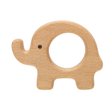 Charming light brown wooden elephant-shaped baby teether with a smooth finish, captured against a clean white background