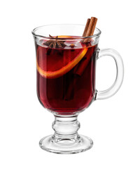 Fototapeta premium Clear glass mug filled with dark red mulled wine, garnished with orange slice, star anise, and cinnamon sticks, isolated on a white background