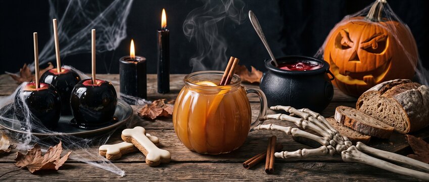 Halloween candy apples and spiced cider fill a rustic table. A pumpkin, candles, cobwebs, and bones create a spooky setting. Seasonal party menu concept.