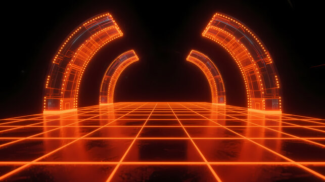 Glowing orange-red arch and grid in black void
