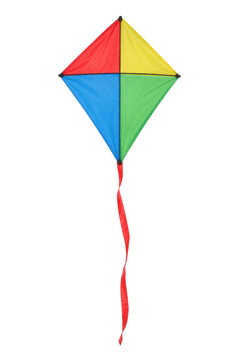 Vibrant colorful diamond-shaped kite with a long red tail, captured against a clean white background, ready for flight