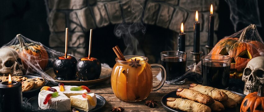 Spooky Halloween table serves caramel apples, spiced cider, cookies, and candy. Pumpkins, candles, and cobwebs decorate a haunted fireplace. Seasonal party menu.
