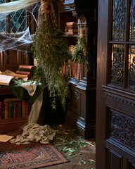 Gothic botanical study filled with hanging dried herbs, antique books and cobwebs, creating a mysterious witchy Halloween interior with vintage atmospheric styling. © Oksana Smyshliaeva