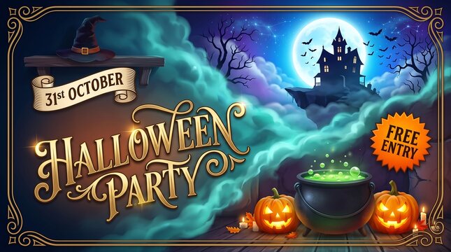 Halloween party invitation banner with haunted house, witch hat, pumpkins, and magic cauldron on a dark night background