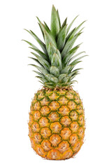 Fototapeta premium Vibrant, ripe, whole pineapple with green leafy crown stands vertically on a clean white background, showcasing its textured golden-yellow skin