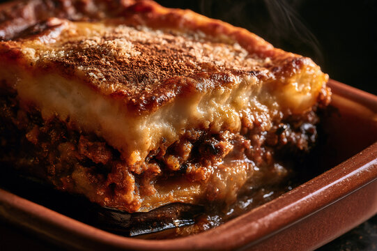 Greek moussaka showing layered eggplant and bechamel