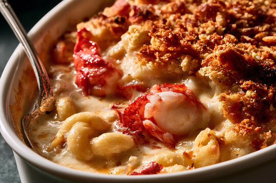 golden lobster mac and cheese casserole with a broiled crust
