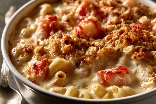 golden lobster mac and cheese casserole with a broiled crust