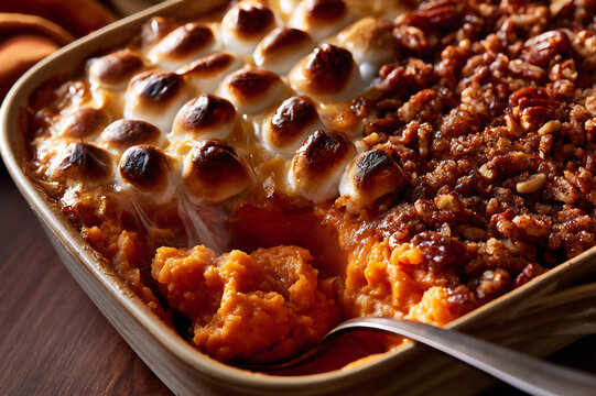 sweet potato casserole topped with toasted marshmallows and pecans