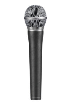 Professional dynamic vocal microphone with a silver mesh grille and a dark gray body stands vertically on a white background