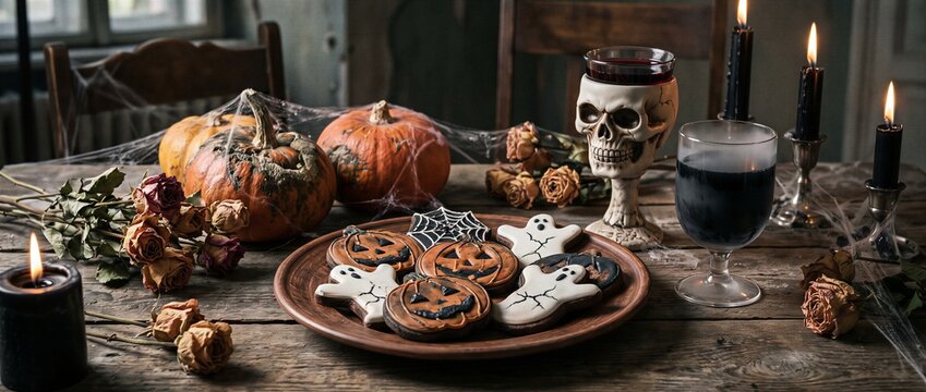 Halloween cookies shaped like ghosts and pumpkins fill a wooden plate. Candles and cobwebs create a haunted seasonal table. Spooky styling suits a party menu.