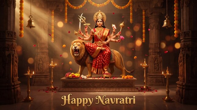 Happy navratri festive celebration image showcasing goddess durga seated on a lion holding traditional weapons with golden temple pillars