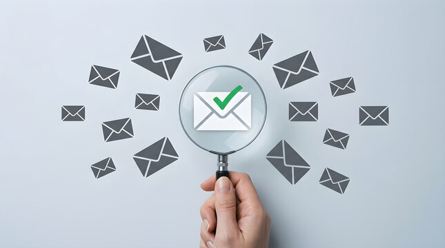 Email Verification and Security Concept Hand Holding Magnifying Glass on Grey