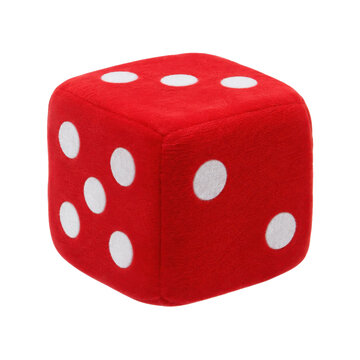 Soft red plush dice with white dots is prominently displayed against a clean white background, showcasing its texture and vibrant color