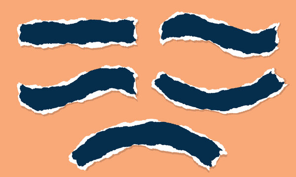 Torn paper strips vector set, dark blue ripped paper borders with white edge texture on orange background