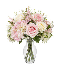 Obraz premium Elegant fresh pink and white roses bouquet in a clear glass vase, beautifully arranged on a clean white background