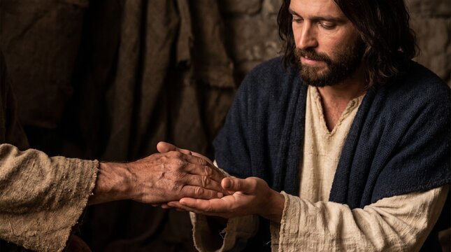 Jesus Christ holding the hand of an elderly man with compassion and tenderness in a biblical healing miracle scene.