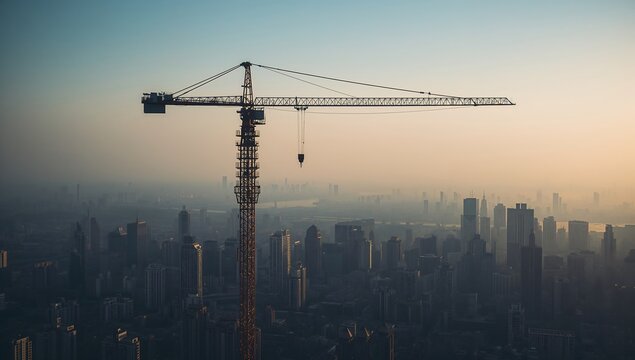 Generative AI tall construction crane spans above a city skyline at dusk