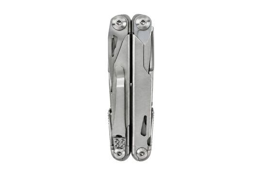 Sleek silver metal multitool is closed and standing upright, displaying its compact design and brushed finish on a clean white background