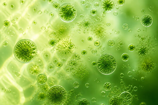 Microscopic view of vibrant green algae cells and bubbles suspended in a liquid medium.
