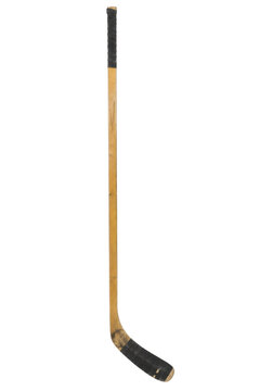 Vintage wooden ice hockey stick with black tape on the handle and blade, standing upright on a clean white background