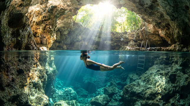Woman swimming through crystal clear turquoise water inside a tropical limestone cave, photographed in a dramatic split-level underwater view with sunlight streaming through the entrance.