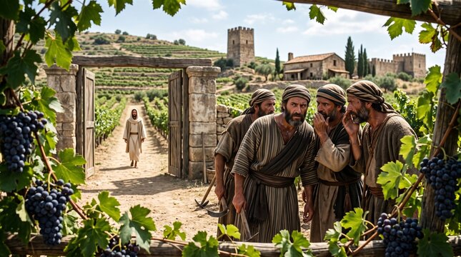 Wicked tenants holding tools and whispering in conspiracy at the vineyard gate as the landowner's son approaches in the biblical parable.
