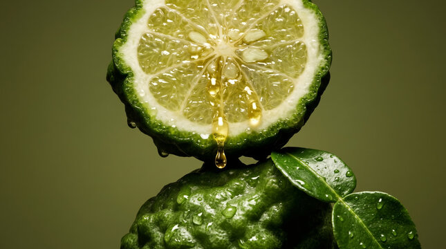 Fresh Bergamot fruit cut in half with essential oil drops