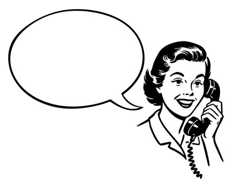 Vintage style illustration clipart - Woman talking on the phone - Comic Bubble.