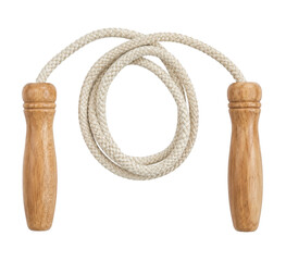 Classic beige braided jump rope with wooden handles, coiled neatly and isolated on a clean white background © no one