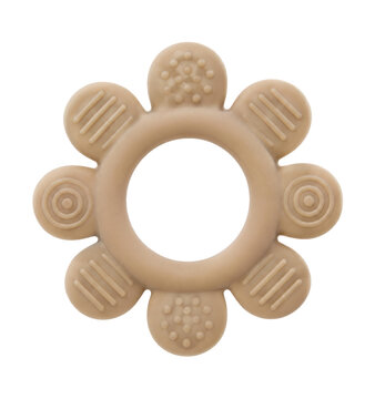 Beige silicone flower-shaped baby teether with various textured surfaces is presented on a clean white background