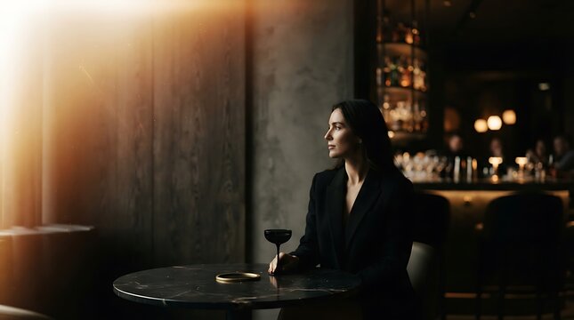Woman sitting alone in a moody bar photo with golden light leak and dark aesthetic
