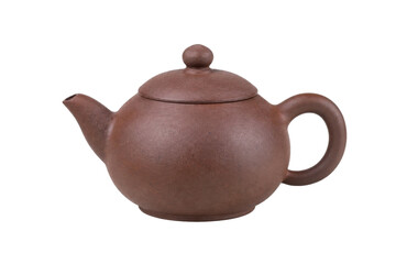 Traditional brown clay teapot with a round body and lid, photographed against a clean white...