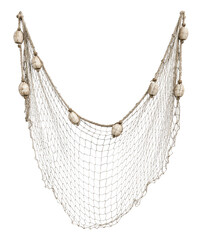 Old weathered fishing net with white floats, made of natural rope, hangs gracefully against a clean white background © no one