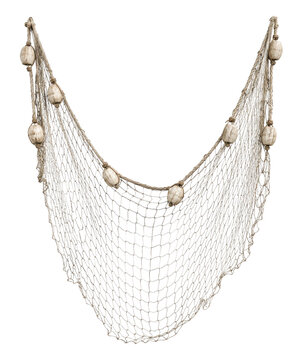 Old weathered fishing net with white floats, made of natural rope, hangs gracefully against a clean white background