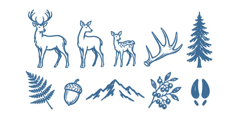 Fototapeta premium Forest deer family and nature elements doodle set Vector Illustration 