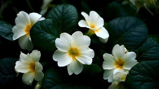 White primroses with yellow centers bloom among dark green leaves in a soft  natural garden setting