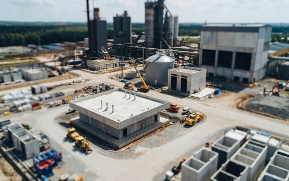 Aerial view of an industrial concrete manufacturing plant and construction site