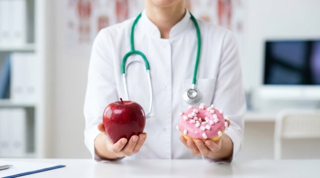 Doctor holding fresh red apple and pink glazed donut offering options for healthy diet or sugary treat choice.