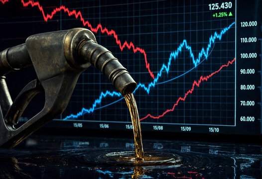 Fuel pump nozzle dispensing liquid with stock market chart showing trends in background