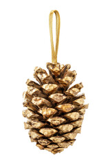 Obraz premium Shiny golden pine cone Christmas ornament with a delicate gold ribbon loop is elegantly displayed against a clean white background
