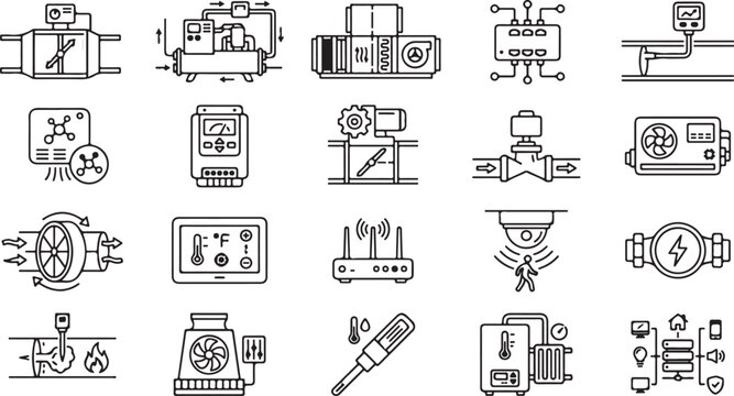 Set of smart hvac system and building automation technology black vector icons isolated on white background