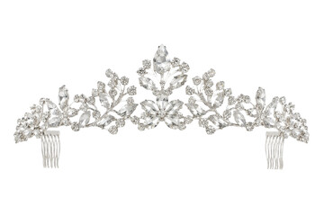 Elegant silver bridal tiara adorned with sparkling clear rhinestones and intricate floral designs, isolated on a clean white background © no one