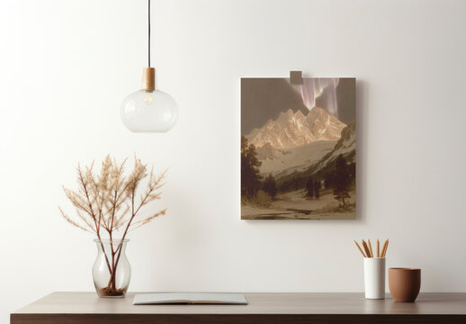Hanging Wall Calendar Mockup Table Lamp Vase PSD